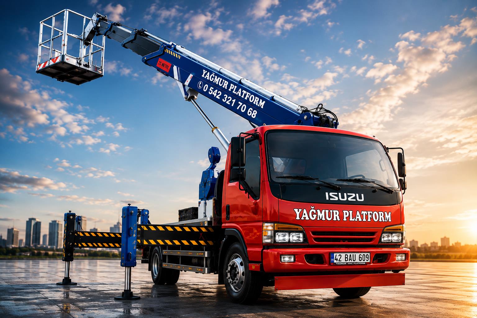 Yağmur Platform sepetli platform aracı — kırmızı Isuzu üzerine mavi teleskopik bom